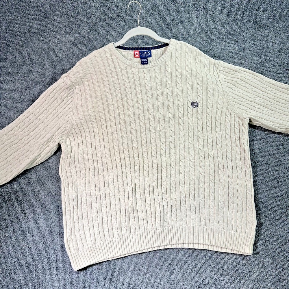 Chaps Cable Knit Fisherman Sweater XL Beige Embroidered Crest Preppy Old Money